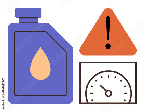 Purple oil container with droplet symbol, orange warning triangle, and speedometer gauge. Ideal for maintenance, automotive care, warning systems, mechanical health, safety, diagnostics