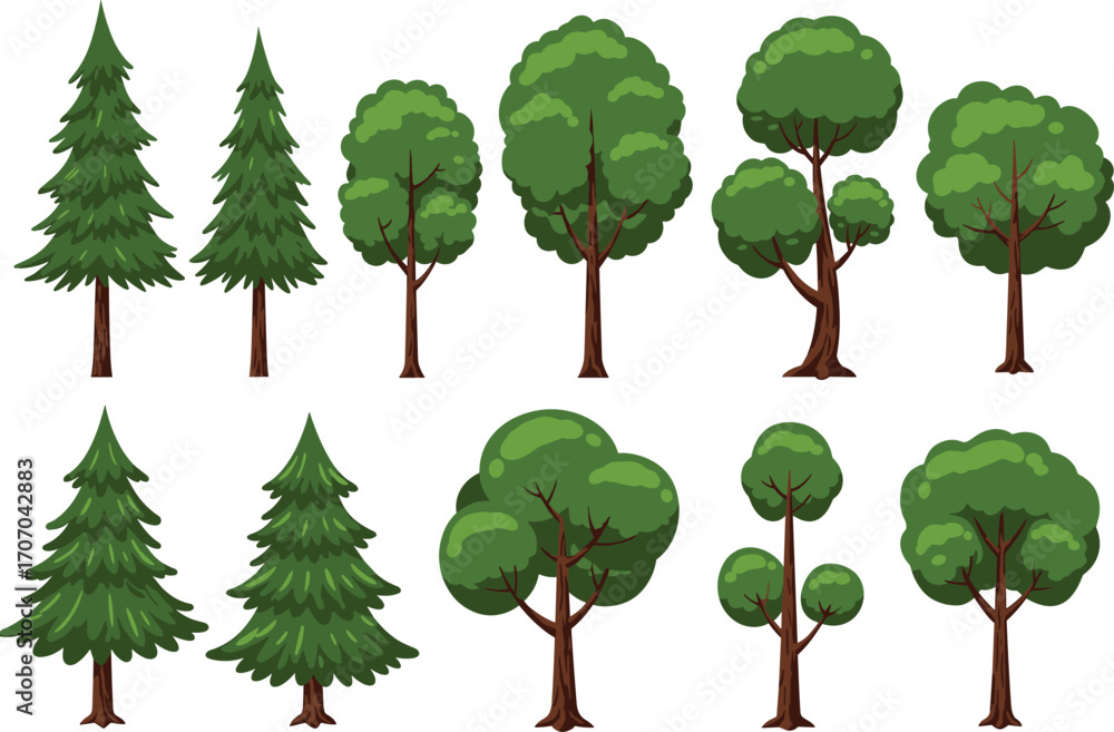Fototapeta premium Cartoon style green trees collection, forest illustration, nature elements, eco-friendly landscape design for outdoor projects, gardening, environment and animation scenes.