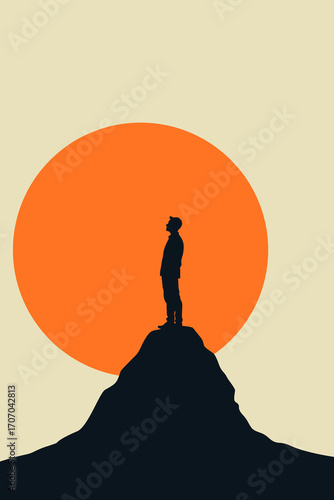 Silhouette of man standing on mountain peak with big orange sun – abstract success and achievement concept