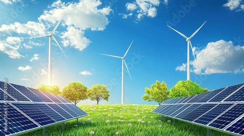 Wind and Solar energy poster design template. Flyers with renewable energy illustrations, solar panels, and wind generators. Vector