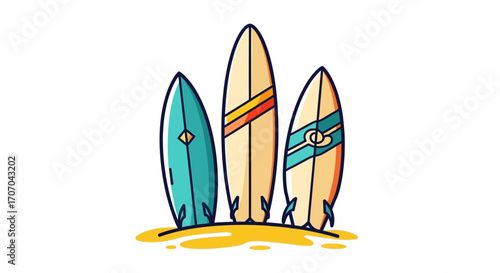 Vector illustration of three surfboards standing upright on a sandy beach, showcasing vibrant colors and stripes, perfect for summer vacation and surfing themes, isolated on a white background