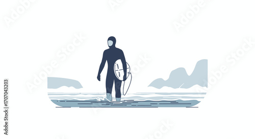A lone surfer in a wetsuit stands in the ocean waves holding a surfboard, ready to catch a wave with a misty coastline in the background, showcasing the solitude and thrill of extreme water sports