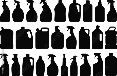 Cleaning bottle silhouettes, spray bottle icons set, detergent containers, liquid product packaging, household cleaning supplies, plastic bottle shapes vector.