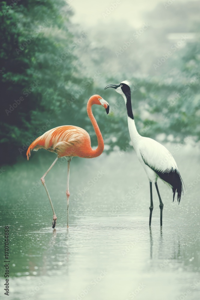 Obraz premium Flamingo and crane in waterfowl