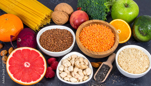 High dietary fiber health food concept with fruit, vegetables, whole wheat pasta, legumes, cereals, nuts and seeds with foods high in omega 3, anthocyanins, smart carbs generative AI