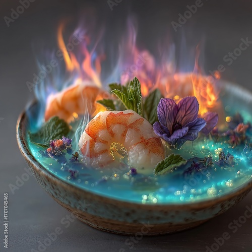 Elegant Shrimp Dish with Flames and Colorful Floral Garnish