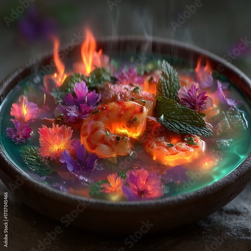 Vibrant Shrimp Dish Adorned with Edible Flowers and Fresh Herbs