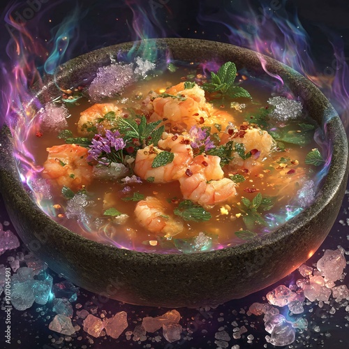 Vibrant Shrimp Soup with Herbs and Spices in a Rustic Bowl