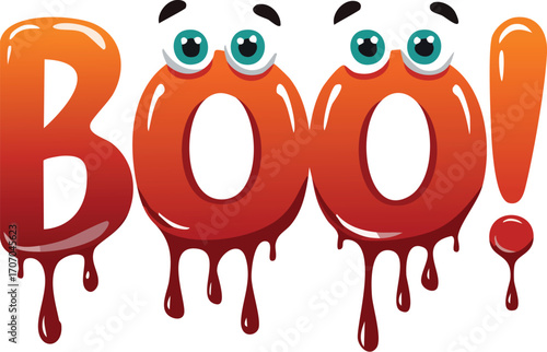 Cartoon "BOO!" letters with dripping blood-like substance and surprised faces.