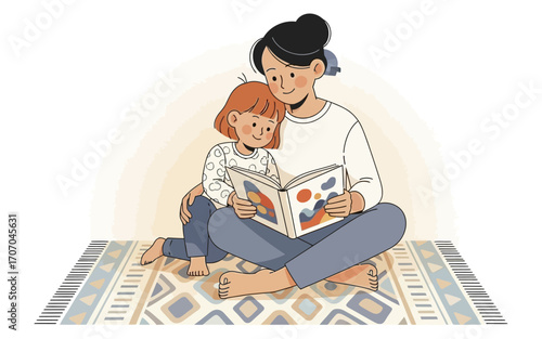 Mother and Daughter Reading Colorful Book on Patterned Rug Illustration.