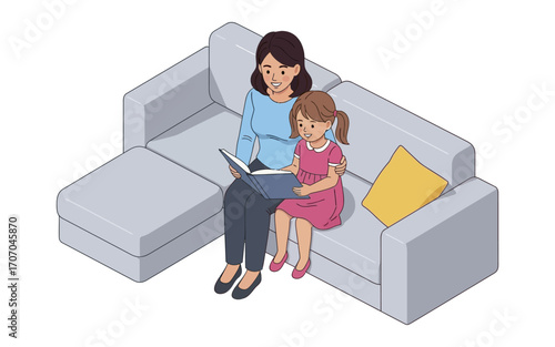 Isometric Illustration of Mother and Daughter Reading Together on a Sofa.
