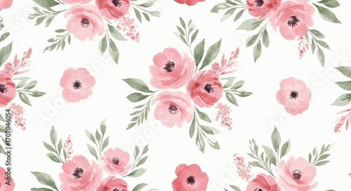 Watercolor Floral Pattern: Pink Flowers and Green Leaves.