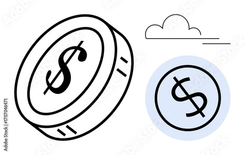 Dollar coin in bold outline with a cloud and horizontal line. Ideal for finance, investment, savings, economy, business planning, monetary growth, and minimal design. A simple flat metaphor
