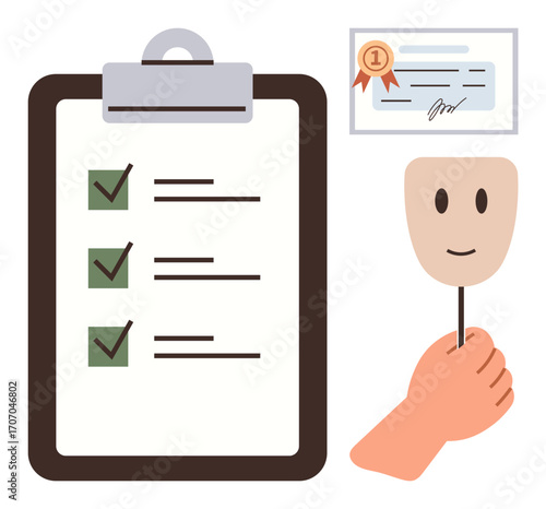 Clipboard with checkmarks symbolizing task completion, certificate for achievement, hand holding mask representing identity. Ideal for achievement, productivity, identity, success, validation