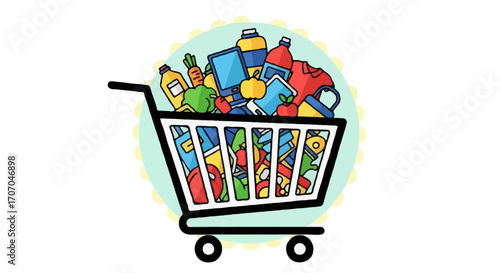 A flat vector illustration of a shopping cart filled with colorful items, clean bold outline, playful flat design, decorative circle background