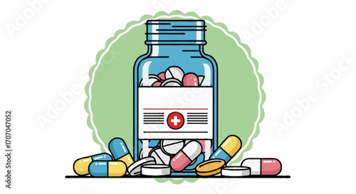 A flat vector illustration of a pill bottle with capsules and tablets around, clean bold outline, pastel medical colors, decorative circle background