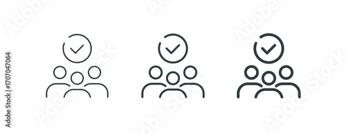 Customer loyalty, join our team, employee attendance outline icons. Line signs group of three people with checkmark. Vector isolated pictograms for web and app on white background editable stroke.