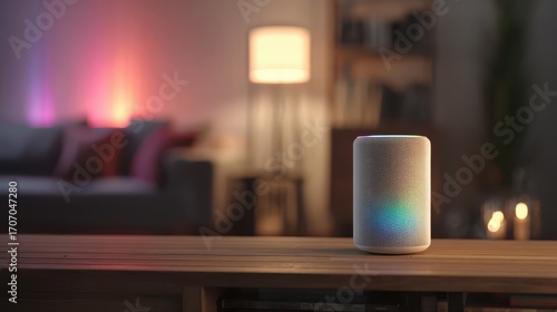 Smart Speaker on Wooden Table in Ambient Living Room.