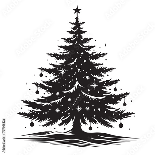Black Christmas Tree Silhouette Vector Illustration design, Solid White Background