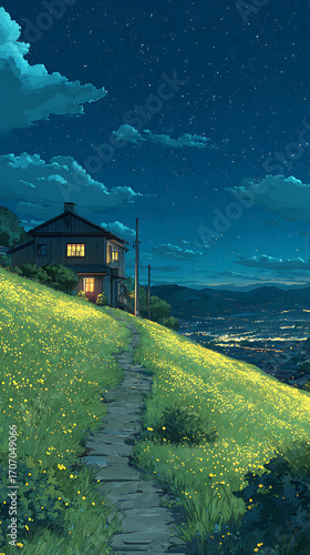 Starry sky, a meadow full of yellow flowers and green grass on the hillside in front of an old house with lights on inside