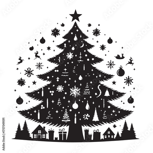 Black Christmas Tree Silhouette Vector Illustration design, Solid White Background