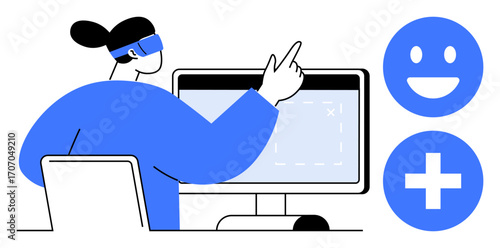 Individual wearing a VR headset interacts with a computer screen, pointing at interface elements. Positive feedback icons displayed alongside. Ideal for innovation, technology, feedback, creativity