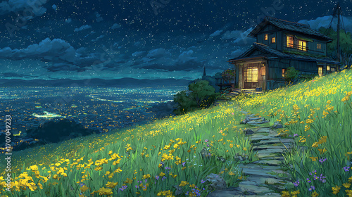 Starry sky, a meadow full of yellow flowers and green grass on the hillside in front of an old house with lights on inside