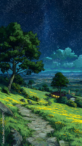 Starry sky, a meadow full of yellow flowers and green grass on the hillside in front of an old house with lights on inside