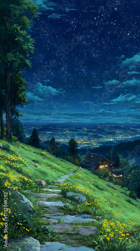 Starry sky, a meadow full of yellow flowers and green grass on the hillside in front of an old house with lights on inside