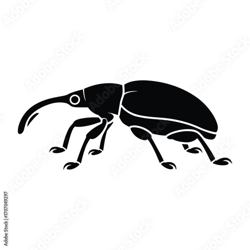 Black silhouette of a weevil insect with a long snout on a white background