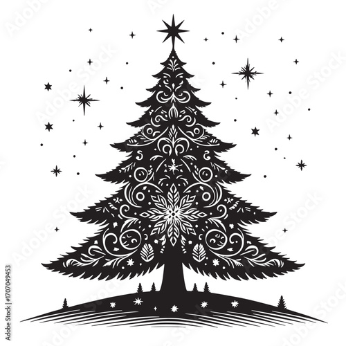 Black Christmas Tree Silhouette Vector Illustration design, Solid White Background