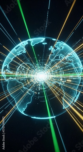 Futuristic digital globe with radiating light beams symbolizing global network and data transfer