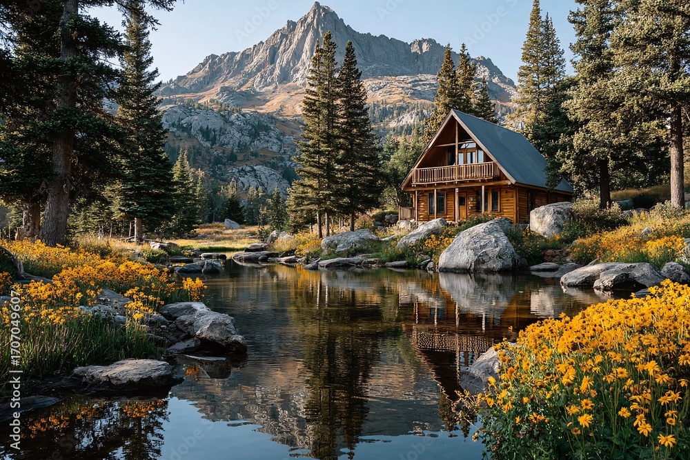 Obraz premium Scenic Mountain Cabin Surrounded by Wildflowers and Reflective Water