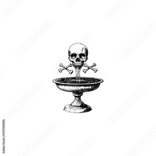 Classic vintage vector illustration of a macabre fountain with a human skull and crossed bones (skull and crossbones) motif