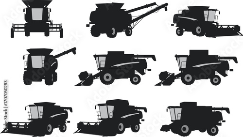 Combine harvester silhouettes, agricultural machinery, farming equipment, grain harvesting, farm technology, crop harvesting machines, heavy-duty tractors, vector icons.