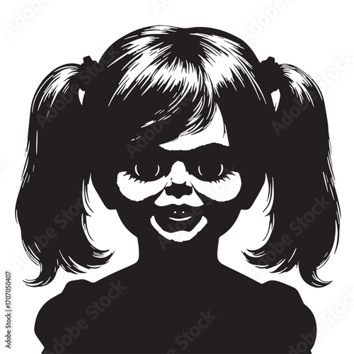 Black Creepy Doll Silhouette Vector Illustration design, Solid White Background