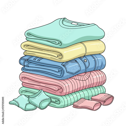 Stack of folded clothes isolated on white background, laundry and wardrobe concept vector