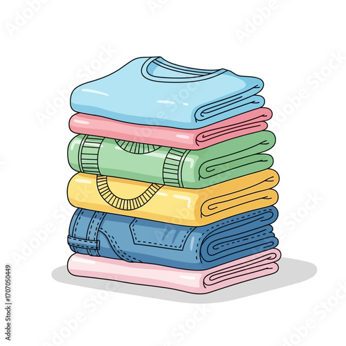 Stack of folded clothes isolated on white background, laundry and wardrobe concept vector
