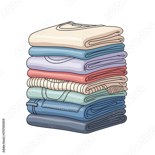 Neatly folded stack of clothes isolated on white background, laundry and wardrobe concept vector