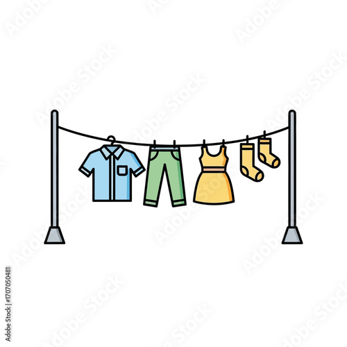 Clothesline with shirt, pant, dress, and socks isolated on white background laundry line concept