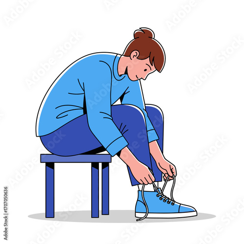 Girl tying shoelaces isolated on white background, getting ready for outdoor activities concept