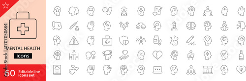 Mental health icons set. Containing depression, anxiety, stress, mental care, empathy, loneliness, bipolar, PTSD, psychology symbol, panic, mind disorder and more. Vector illustration.