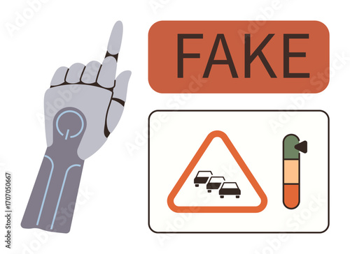 Mechanical hand gestures toward fake alert above traffic symbols, including congestion warning and caution gauge. Ideal for automation, AI risks, misinformation, deepfakes, technology ethics, road