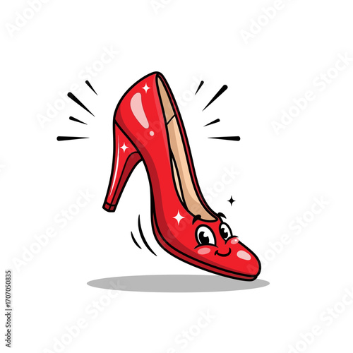 Cartoon red high heel shoe with a face isolated on white background fashion footwear concept