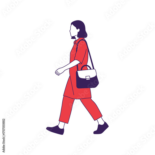 A woman in a red dress walking with a bag isolated on white background