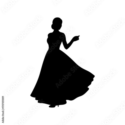 Silhouette of a woman in an elegant dress isolated on white background, pointing with her hand