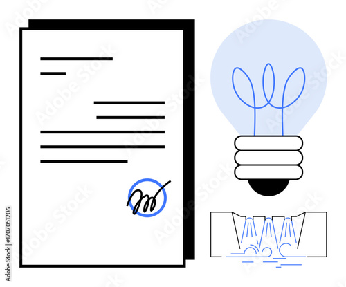 Signed document with a lightbulb growing leaves and water channels symbolizing innovation, agreement, progress. Ideal for business, creativity, sustainability, legal, ideas, productivity simple flat