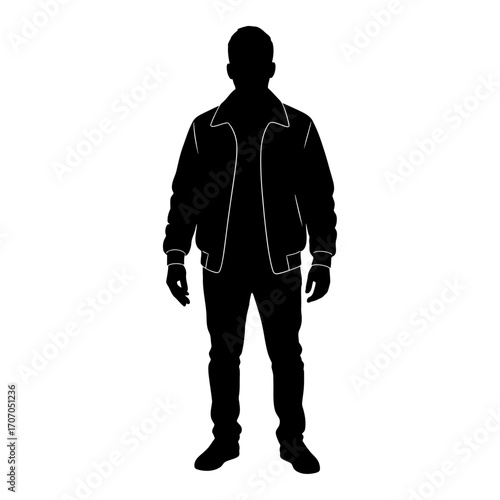 Full length silhouette of a man wearing a jacket and jeans isolated on white background