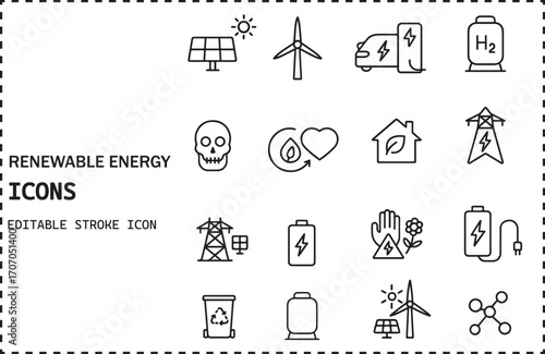 Hand drawn renewable energy icons set solar wind battery sustainable power technology resources isolated on white background