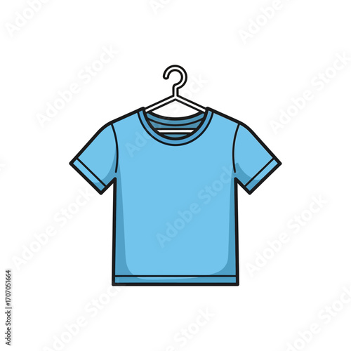 Blue tshirt hanging on a hanger, vector infographic isolated on white background clothes concept